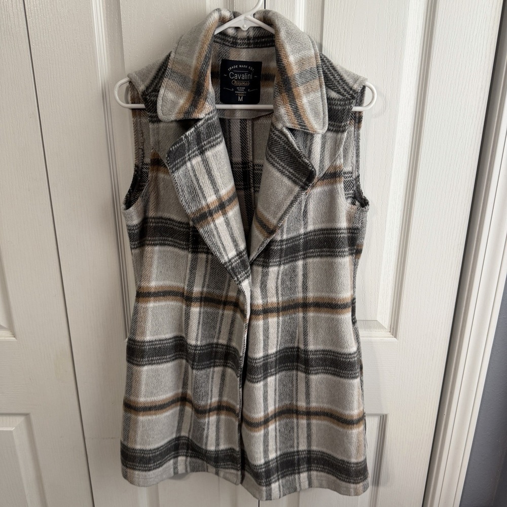 Cavalini Wool Blend Plaid Long One Button Vest Women's Size Medium Preppy Office
